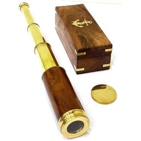 Vintage Brass Telescope Marine Brown Wooden Box Designer Nautical Replica 14" Rustic Vintage Home Decor Gifts
