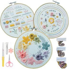 Embroidery kit,3 Pack Beginner Embroidery Kit For Adults With Step by Step Learn 22 Different Stitches from Instruction & Video,Stamped Embroidery Patterns,Hand Embroidery Kit for Adult, Stitches Kit