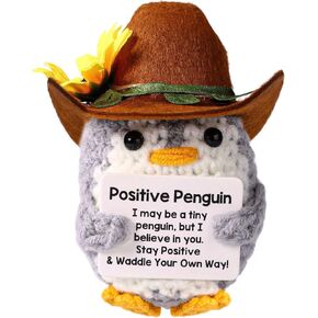 Positive Penguin, Sunflower Penguin Crochet with Cowboy Hat Emotional Doll Support Crocheted Knitted Animal for Inspirational Motivational Gift Home Office Decor White Elephant Exchange