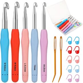 38 Pack Crochet Hooks Set, 13 Pcs 2mm(b)-10mm(n) Ergonomic Soft Grip Crochet Handles, Crochet Needle with Storage Case, for Arthritic Hands, Extra Long  Knitting Needles