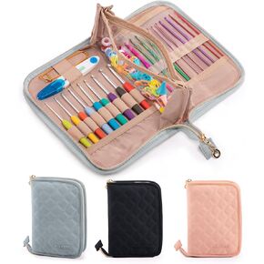 MYBAGZING Crochet Hook Case – Empty Organizer with 24 Slots for Crochet Hooks & Ergonomic Aluminum Crochet Needles, Zipper Pocket for Accessories and Supplies