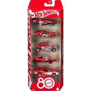 Hot Wheels Toy Cars, 5-Pack of 1:64 Scale Toy Cars with Collectible Deco & Packaging, Core Mattel 80th Anniversary Set of 5 Vehicles