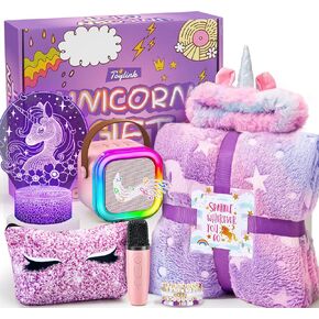Unicorn Gifts for Girls Age 4 5 6 7 8 9 10, Kids Unicorn Toys with Mini Karaoke Machine Glowing Blanket Unicorn Night Light Headband, Birthday Graduation Gifts for Daughter Niece