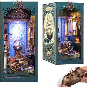Book Nook Kit with Dust Cover & Stickers, Dust Cover, Bookshelf Insert Decor for Birthday, 3D Wooden Bookends Puzzle, Miniature Dollhouse Kit for Adults, Teens, Beginners（Philosophical Library）
