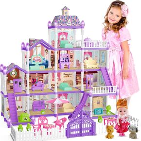 Doll House for Girls ,13 Rooms Doll House with Dolls Figure, Puppies ,Furnitures, Accessories, LED Light, Toddler Playhouse Gift for for 3 4 5 6 7 8 9 10 Year Old Girls Toys ( Purple)