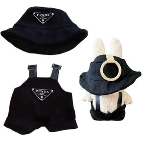 Clothes for Labubu(NO Doll) - Hat & Overalls Set for Labubu Clothes 15cm/17cm Doll Accessories Suit for Dress Up, Play & Collector Display (Black)