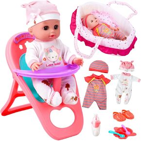 CUTE STONE 12" Baby Doll Playset Pretend Play Baby Care Toy with Carrier Bassinet Bed, High Chair, Clothes and Accessories for Girls