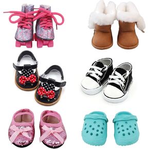 18 Inch Doll Shoes - 5 Pairs of Different Types (Boots/Sneakers/Roller Skates/Sandals/Clogs) + 2 Pairs of Socks - Pink/White - Solid - Mixed Themes - Doll Clothing - 1 Count