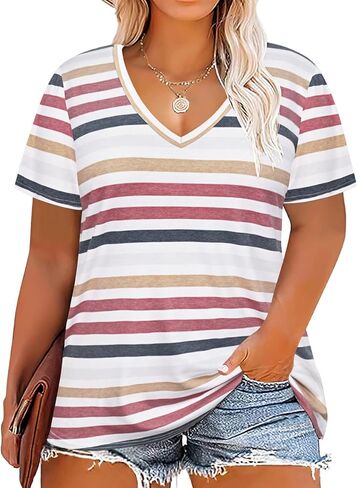 RITERA Womens Plus Size Tops Summer Short Sleeve Tunic Black and White Stripe Tshirt V Neck Blouse Henley Shirt Black 1X 14W 16W in Kuwait