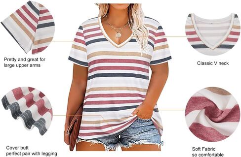 RITERA Womens Plus Size Tops Summer Short Sleeve Tunic Black and White Stripe Tshirt V Neck Blouse Henley Shirt Black 1X 14W 16W in Kuwait