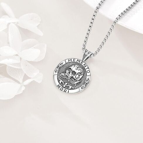 URONE Memento Mori Necklace 925 Sterling Silver Memento Mori Pendant Skull Stoic Necklace Jewelry Gifts for Men Women in Saudi Arabia