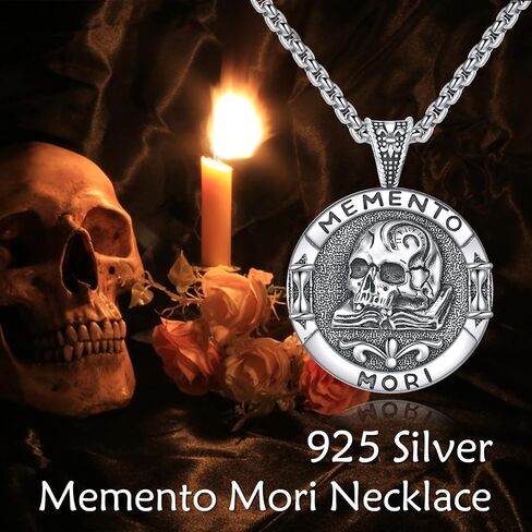 URONE Memento Mori Necklace 925 Sterling Silver Memento Mori Pendant Skull Stoic Necklace Jewelry Gifts for Men Women in Saudi Arabia