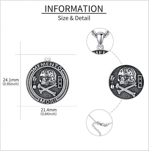 URONE Memento Mori Necklace 925 Sterling Silver Memento Mori Pendant Skull Stoic Necklace Jewelry Gifts for Men Women in Saudi Arabia