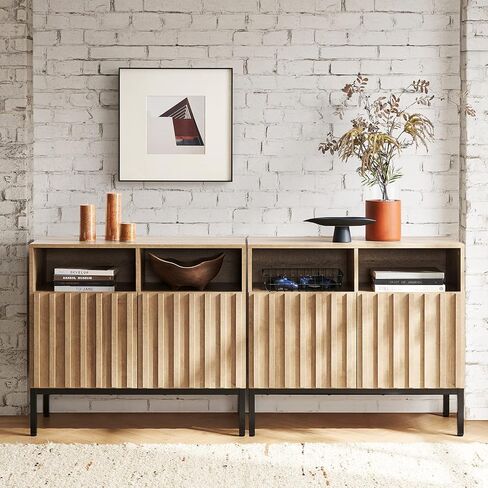 خزانة تخزين Mopio Norwin ، اللوحة الجانبية الحديثة للبوفيه الصناعي ، Credenza ، Accent Credenza ، أبواب الألواح المزرقة ، الرفوف القابلة للتعديل ، أرجل معدنية متينة مع مستوي لغرفة المعيشة (مزدوجة) in Kuwait