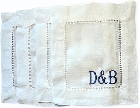 Personalized Embroidered Linen Cotton White Cocktail Napkins Cloth Hemstitch, Custom Initials Letters Wedding Couple Party Kitchen Monogrammed Coasters (set of 4) in Saudi Arabia