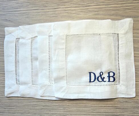 Personalized Embroidered Linen Cotton White Cocktail Napkins Cloth Hemstitch, Custom Initials Letters Wedding Couple Party Kitchen Monogrammed Coasters (set of 4) in Saudi Arabia