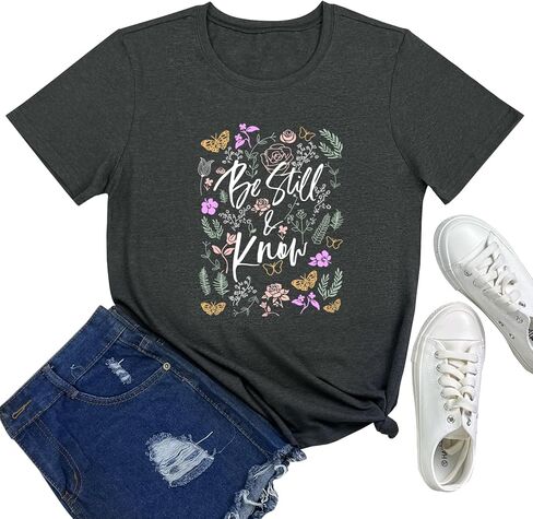 تي شيرت SELECTEES نسائي مطبوع عليه زهور Be Still Know جرافيك مضحك تي شيرت لطيف in Kuwait