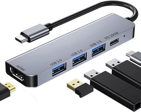 محول USB C Hub إلى HDMI متعدد المنافذ، موزع USB C 5 في 1 مع 4K HDMI، USB 3.0، منافذ PD 100 واط لأجهزة MacBook Pro، iMac، PS5، Chromebook، iPhone 15 Pro، XPS، HP، إلخ in Kuwait