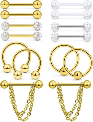 Hoeudjo 14Pcs 14G Surgical Steel Chain Dangle Nipple Rings Barbell Piercing Jewelry Retainer for Women in Saudi Arabia