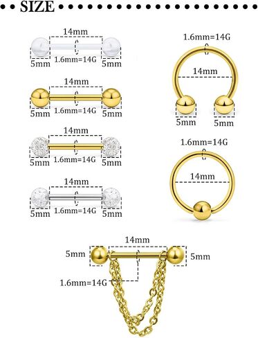 Hoeudjo 14Pcs 14G Surgical Steel Chain Dangle Nipple Rings Barbell Piercing Jewelry Retainer for Women in Saudi Arabia