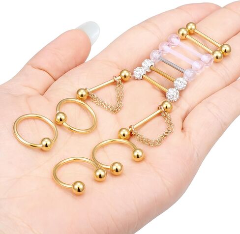 Hoeudjo 14Pcs 14G Surgical Steel Chain Dangle Nipple Rings Barbell Piercing Jewelry Retainer for Women in Saudi Arabia