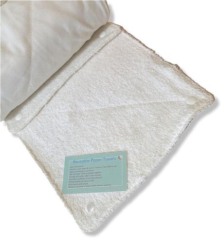Nuggle Bugz Reusable Paper Towels - Roll of 12 Reusable Paper Towels with Snaps and Insert Roll - ALL WHITE 9.5" Paperless Towels - Washable Paper Towels - Cotton Terrycloth - Non Scratch Snaps in Saudi Arabia