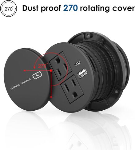 فتحة ثقب 3 بوصة، شاحن لاسلكي 15 وات، محطة شحن سريعة USB C 20 وات، 2 قابس تيار متردد، مخرج سطح الطاولة، غطاء فتحة مكتب أساسي لمساحة العمل للكابلات in Kuwait
