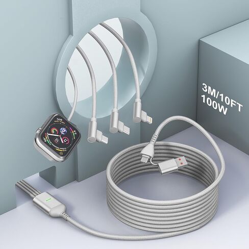 كابل شحن متعدد 100 واط 4 في 2 لشاحن ساعة Apple - ساعة سفر 90 درجة وشاحن هاتف مع منفذ Lightning/Type C/Micro USB متوافق مع جميع أجهزة iWatch iPhone MacBook iPad Galaxy S23 in Kuwait