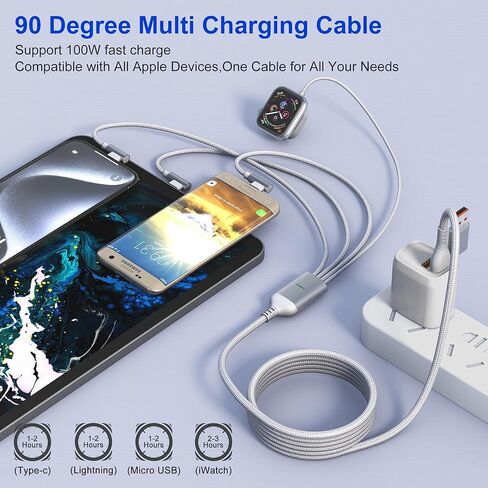 كابل شحن متعدد 100 واط 4 في 2 لشاحن ساعة Apple - ساعة سفر 90 درجة وشاحن هاتف مع منفذ Lightning/Type C/Micro USB متوافق مع جميع أجهزة iWatch iPhone MacBook iPad Galaxy S23 in Kuwait