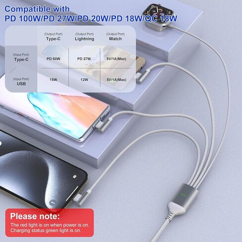 كابل شحن متعدد 100 واط 4 في 2 لشاحن ساعة Apple - ساعة سفر 90 درجة وشاحن هاتف مع منفذ Lightning/Type C/Micro USB متوافق مع جميع أجهزة iWatch iPhone MacBook iPad Galaxy S23 in Kuwait