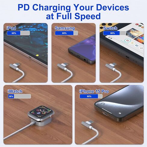 كابل شحن متعدد 100 واط 4 في 2 لشاحن ساعة Apple - ساعة سفر 90 درجة وشاحن هاتف مع منفذ Lightning/Type C/Micro USB متوافق مع جميع أجهزة iWatch iPhone MacBook iPad Galaxy S23 in Kuwait