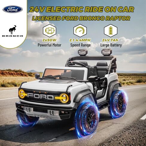 enyopro 2 ateate reck on car for Kids ، 24V Ford Bronco Raptor Electric Ride on Truck Tuy مع التحكم عن بعد ، و 4 عجلات امتصاص الصدمات ، وبداية ناعمة ، وبلوتوث ، والراديو ، و 3 سرعات - أزرق in Kuwait