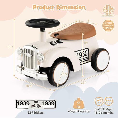 HONEY JOY Ride On Push Car, Outdoor Toddler Riding Toys w/Steering Wheel, Horn & Storage, Foot-to-Floor Sliding Car, No Batteries, Retro Baby Ride On Toys for Boys and Girls (White) in Saudi Arabia