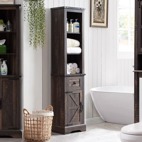 OKD Bathroom Storage Cabinet, Farmhouse Storage Cabinet with Adjustable Shelves & Drawer, Tall Linen Tower for Bathroom, Living Room, Rustic Oak with Antique White in Saudi Arabia