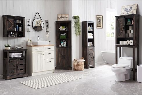 OKD Bathroom Storage Cabinet, Farmhouse Storage Cabinet with Adjustable Shelves & Drawer, Tall Linen Tower for Bathroom, Living Room, Rustic Oak with Antique White in Saudi Arabia