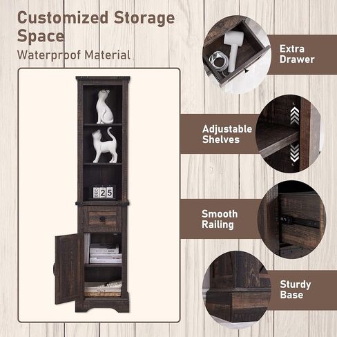 OKD Bathroom Storage Cabinet, Farmhouse Storage Cabinet with Adjustable Shelves & Drawer, Tall Linen Tower for Bathroom, Living Room, Rustic Oak with Antique White in Saudi Arabia