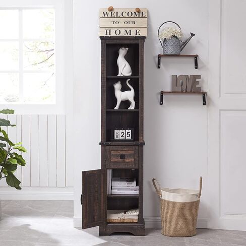 OKD Bathroom Storage Cabinet, Farmhouse Storage Cabinet with Adjustable Shelves & Drawer, Tall Linen Tower for Bathroom, Living Room, Rustic Oak with Antique White in Saudi Arabia