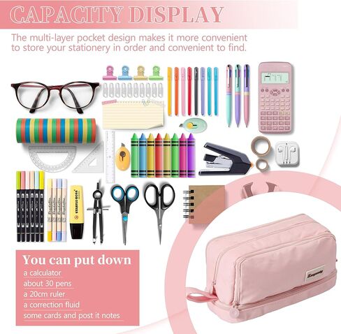 Zzrywuty Pink كبير السعة قلم رصاص القلم 4 مقصورات ، حقيبة قلم رصاص مع مقبض سحاب محمول للمراهقين البالغين الجمالية قلم رصاصة قرطاسية منظم قلم القلم مع مقبض للمدرسة in Kuwait