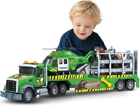 Toddler Boy Toys for 3 4 5 6 7 Years Kids, 21" Semi Flatbed Truck Toy with a Dinosaure Truck, Friction Powered Vehicles Toys with Lights and Sounds, Birthday for Boy Girls in Saudi Arabia