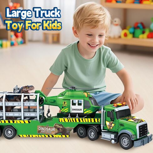 Toddler Boy Toys for 3 4 5 6 7 Years Kids, 21" Semi Flatbed Truck Toy with a Dinosaure Truck, Friction Powered Vehicles Toys with Lights and Sounds, Birthday for Boy Girls in Saudi Arabia