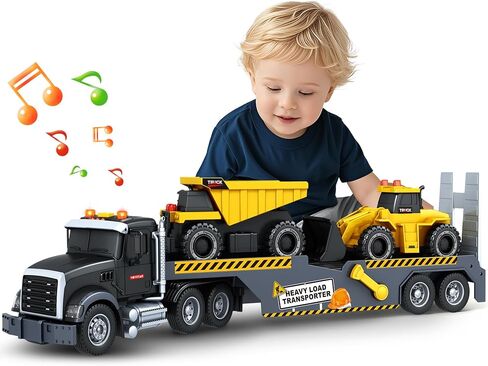 Toddler Boy Toys for 3 4 5 6 7 Years Kids, 21" Semi Flatbed Truck Toy with a Dinosaure Truck, Friction Powered Vehicles Toys with Lights and Sounds, Birthday for Boy Girls in Saudi Arabia