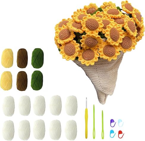 Larsweryar DIY Crochet Rose Buouquet Making Kit Materive Material Pack Rose Rose (Sunflower 100 ، White) 【ليس منتجًا نهائيًا ، يجب أن يكون منسوجًا يدويًا】 in Kuwait