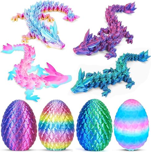 Ivrmtal 4PCS 3D Printed Dragon Eggs with Dragon Inside, Prefilled Easter Eggs with Toys for Kids 3D Printing Crystal Dragon Animals Toys Easter Basket Stuffers Dragon Gifts Desk Deco for Boys Girls in Kuwait