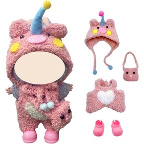 ملابس دمية بطول 17 سم لـ Labubu ، ملابس من 4 قطع لزيت Dolls ، ملحقات لملابس الدمى اللطيفة ، القبعة الوردية + وزرة + حقيبة + حذاء ، لا توجد دمية مشمولة