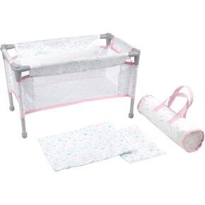 JC Toys - Berenguer Boutique | Travel Folding Crib - Playpen with Accessories | Pink Floral Collection | for Dolls up to 18" | Ages 3+