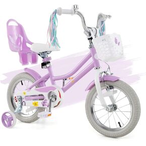 HONEY JOY Kids Bike, 12 14 16 18 Inch Girls Bike w/Training Wheels, Doll Seat, Streamers, Handbrake & Coaster Brake, Fully Enclosed Chain, Princess Style Children Bicycle, Gift for Girls 3-8