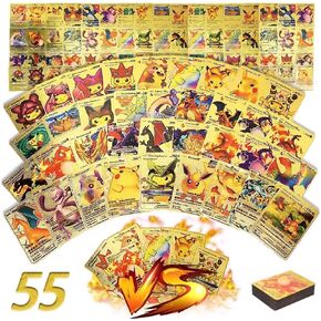 55 PCS Gold Foil Trading Cards – V, VMAX, GX, EX Style Cards – Rare TCG Deck Box Set – Shiny Metallic Cards – No Duplicates – Gift for Kids, Fans, and Collectors