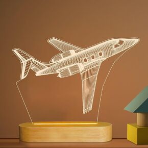 طائرة ليلية ضوء 3D الوهم مصباح ، ألوان دافئة ناعمة مصباح طاولة الخشب للبنين الطيار مع قوة USB