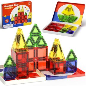 Mini Magnetic Tiles with Iron Case, Magnetic Building Toys Kid's Travel Essential Portable Creativity On-The-Go Magnet Blocks STEM Travel Toys for Toddler Boys Girls Ages 3+, 26-Piece