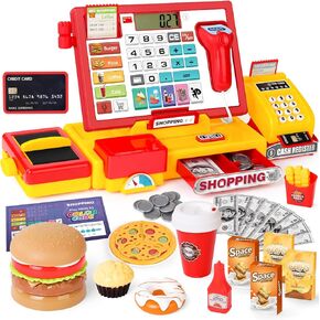 2025 Wooden Toy Cash Register for Kids,Rechargeable Counting Wood Cash Register Toys, Kids Cash Register with Scanner Realistic for Boy Girl Age 2-4 4-8, Pretend Toy Role-Playing Birthday Ideals Gift